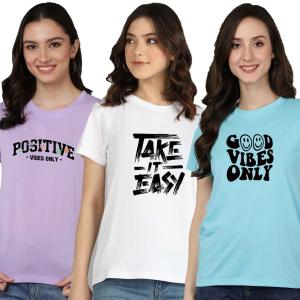 Adyavastram Pack of 3 Women Graphic Print Round Neck Cotton Blend Multicolor T-Shirt